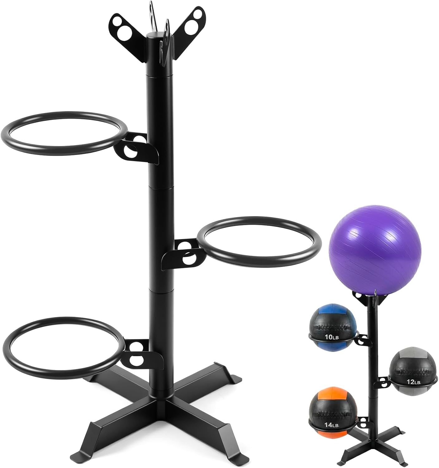 Medicine Ball Slam - ホームジム用メディシンボールラック、回転リング付き4段垂直収納スタンド、スラムウォールボール用頑丈スチールオーガナイザー、省スペースジム機器収納ディスプレイ、ブラック