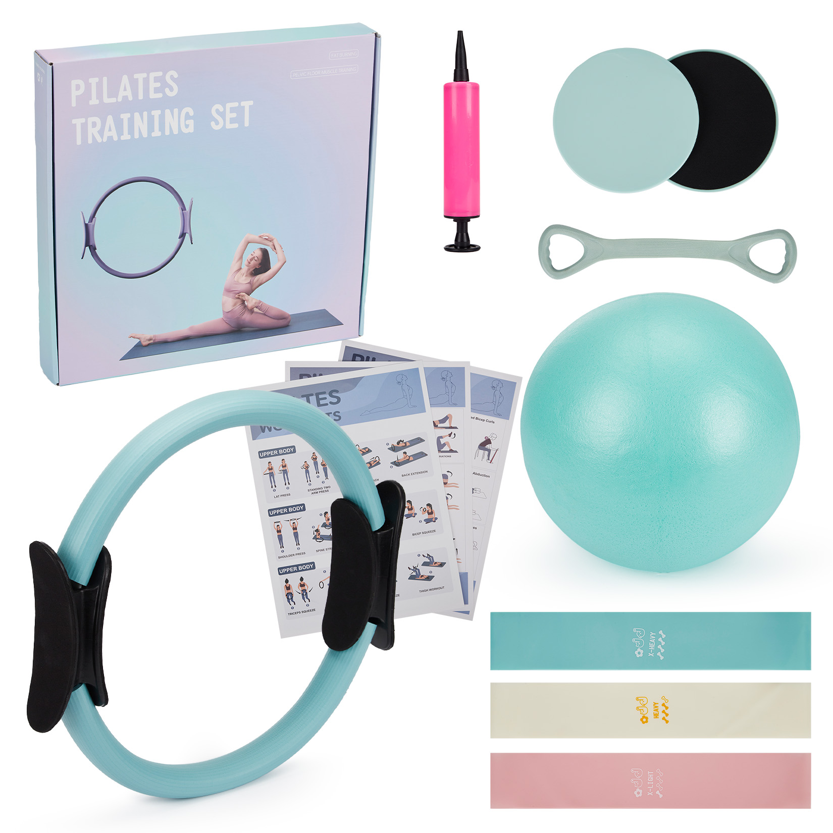 Home Gym Kit - ピラティス トレーニングセット、6-in-1 ピラティスリング、エクササイズボール、レジスタンスバンド、コアスライダー、トーニングバー、ホームジムヨガフィットネス用ワークアウトガイド